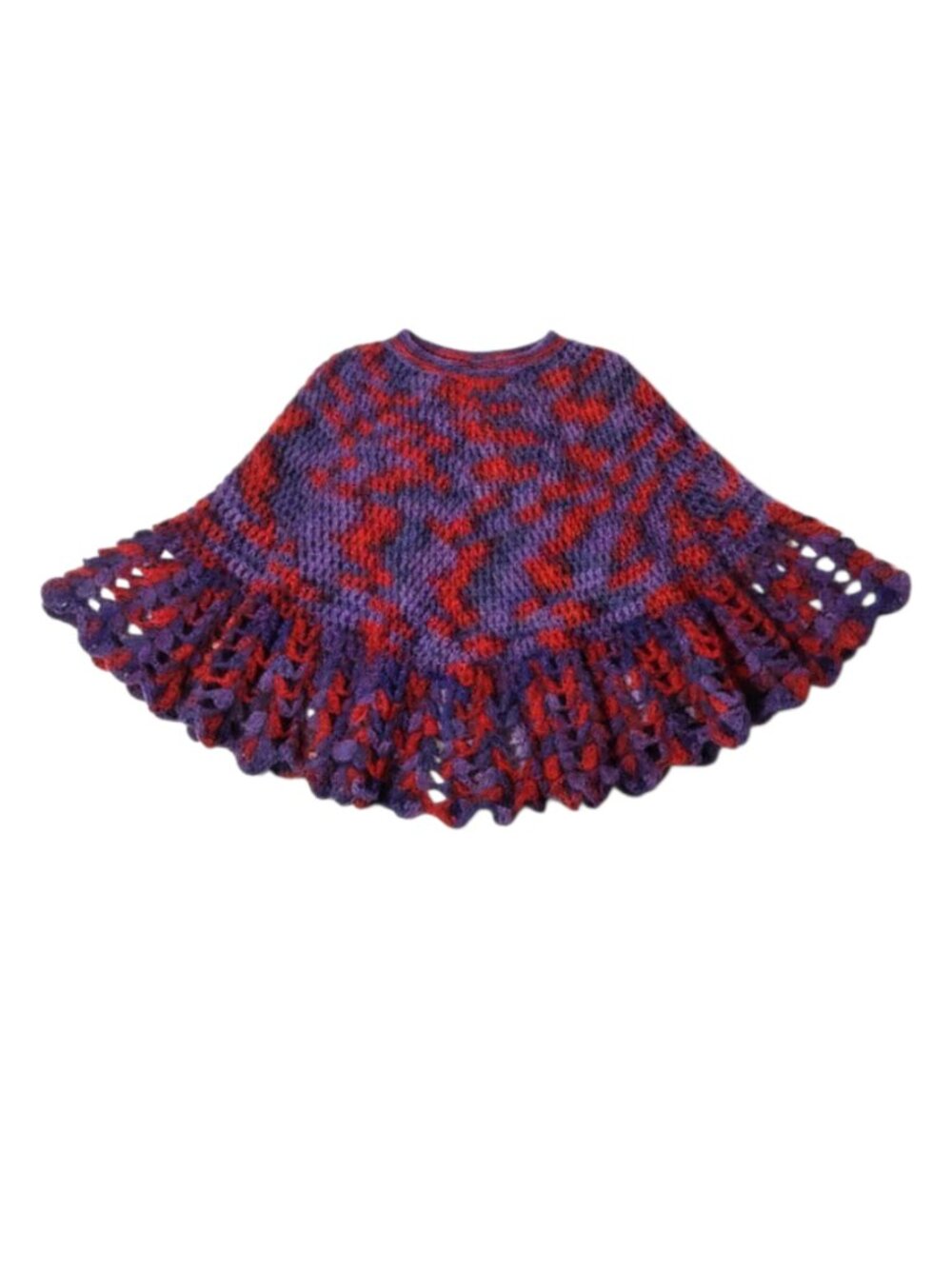 Handmade Crochet Poncho Ruffle Edges Retro Knit Good Cond Purple Red - One Size